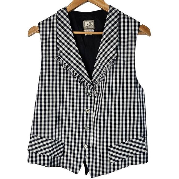 Vintage Gingham Vest Womens Size 12 Black White Button 90s Preppy Coquette Fray - Picture 1 of 8